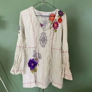 3J Workshop Embroidered Blouse Tunic Top V-Neck shirt Flare Sleeves Hippie Boho